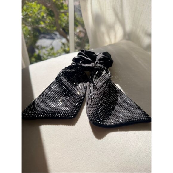 Black Satin Rhinestone Bow Scrunchie Oversized Hair Tie Glam Sparkle main image 4